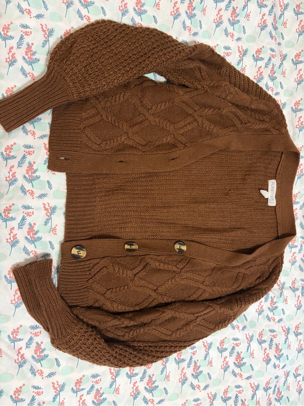 Planet Gold Brown Cable-Knit Cardigan Sweater